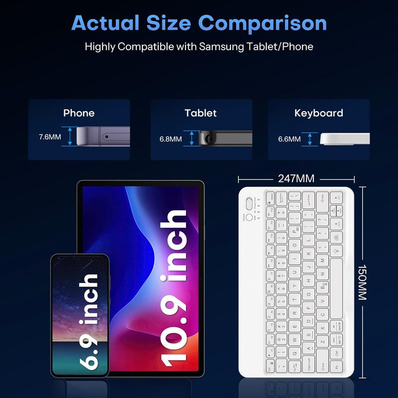 Omoton Bluetooth Keyboard for Tablet/Android/Windows/iOS, with 7 Colors Backlight Rechargeable Wireless Mini Keyboard for Galaxy Tab A9+ / S9 FE / S10 / S11 / A11 Series etc, White - Image 4